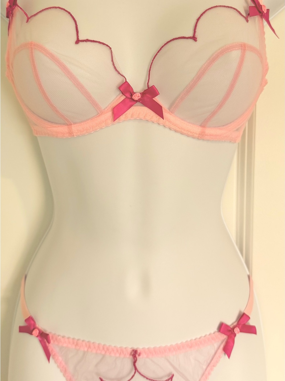 NWT- Agent Provocateur Lorna Bra 34A and Thong Size 4 Baby Pink/ Magenta SET